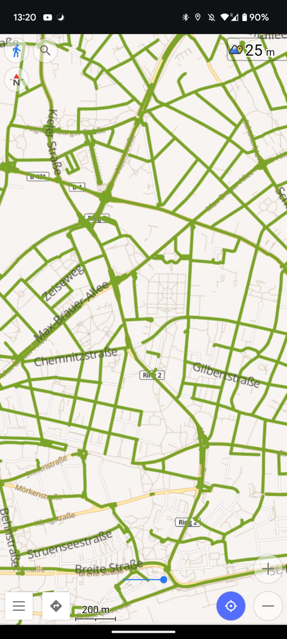The map from before with an overlay of all the street segments that I've already walked